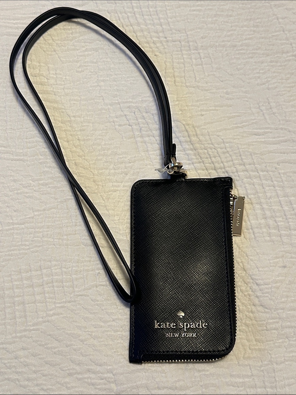 kate spade Black Saffiano Leather Lanyard Card Wallet with ID Window